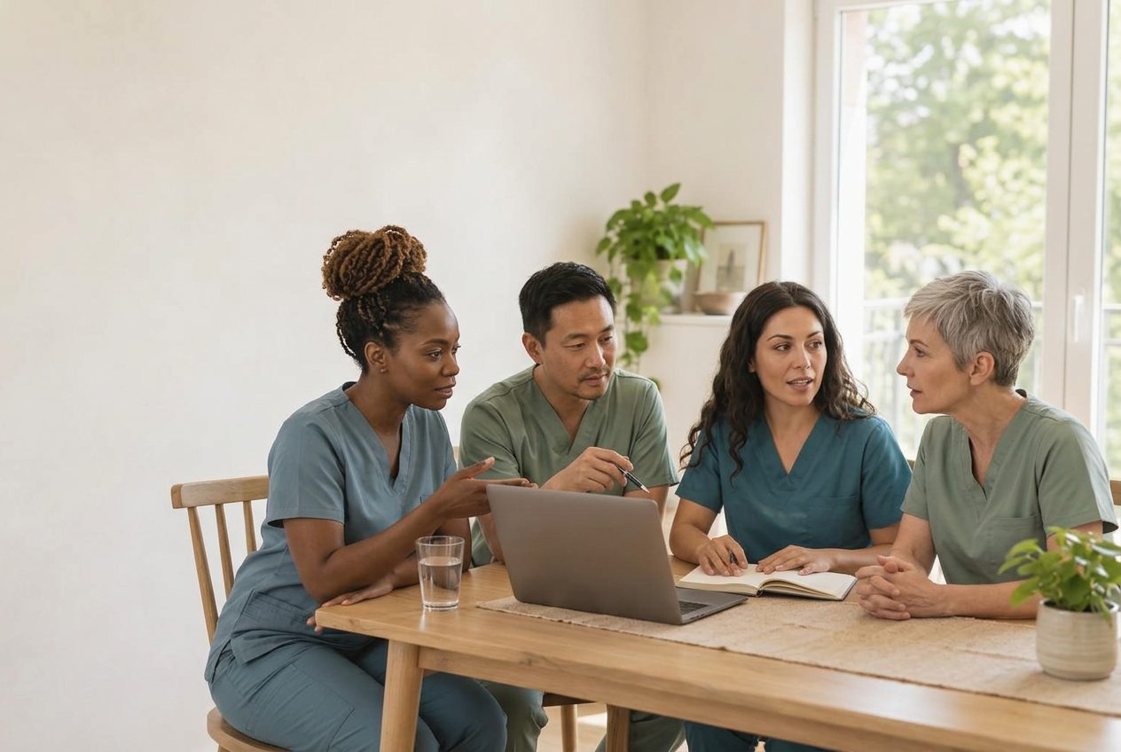Four nurses of different ages and backgrounds collaborating at a laptop and notebook in a bright home office